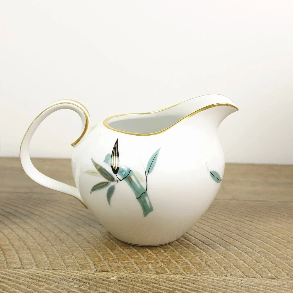 Noritake China 5540 Sugar Bowl‎ and Creamer Teal Bamboo Black Gold Leaves